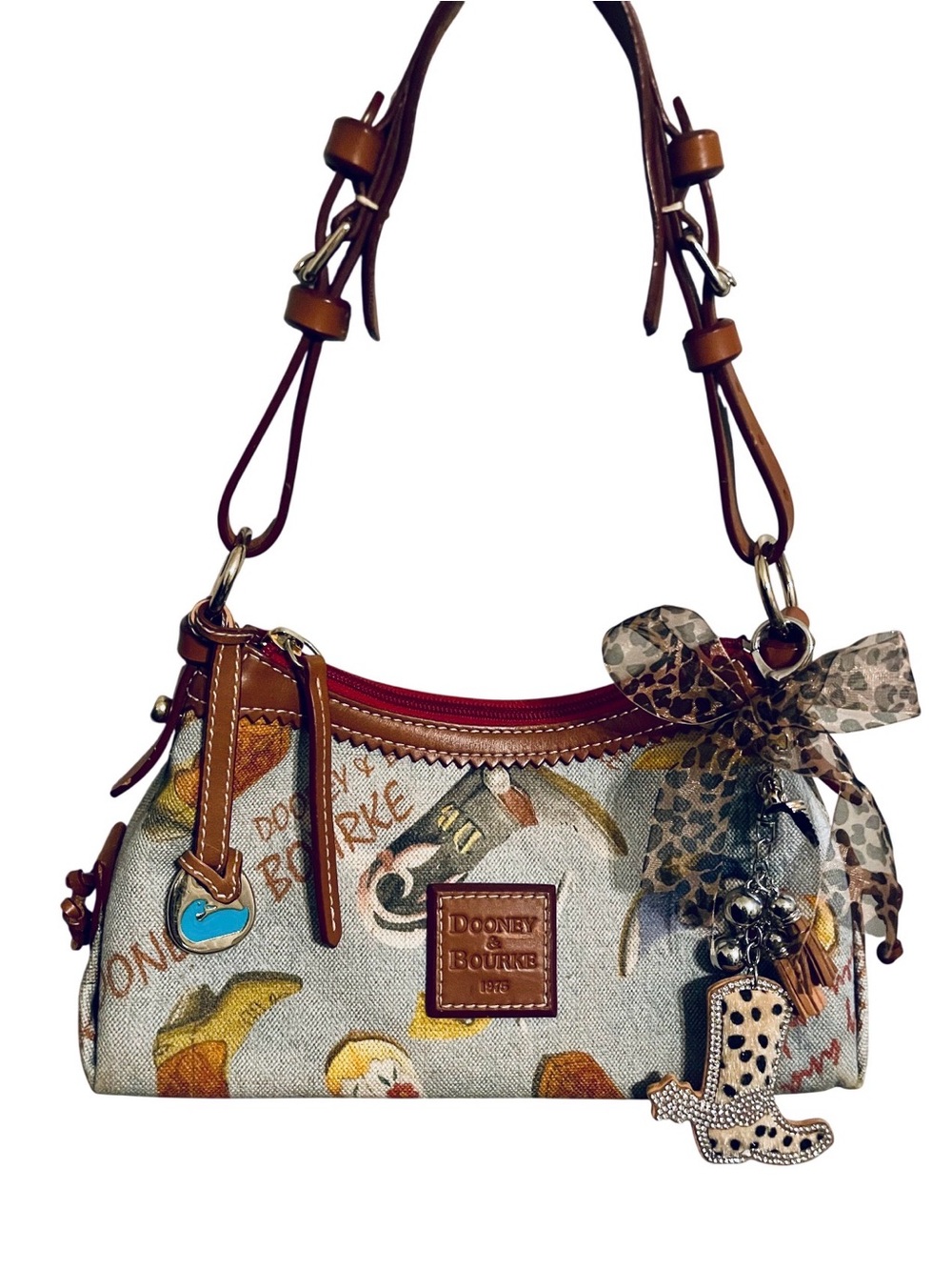 Dooney & Bourke Multicolor Printed Canvas Shoulder Bag with Tan Leather Trim - Picture 2 of 5